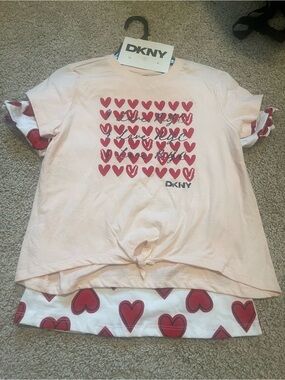 DKNY Light Pink Girls Short-Sleeve Tee with Red Heart Print
